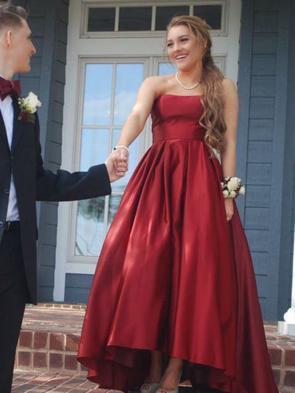 Elegant Red Strapless A-line High Low Long Party Dress Prom Dresses,MB1075