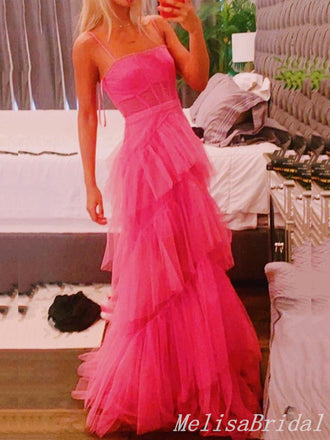 Hot Pink A-line Fluffy Evening Gown Long Evening Party Prom Dresses ,MB877