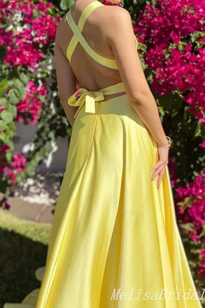 Yellow Plunging Criss Cross A-Line Evening Gown Maxi Long Evening Party Prom Dresses With Side Slit,MB690
