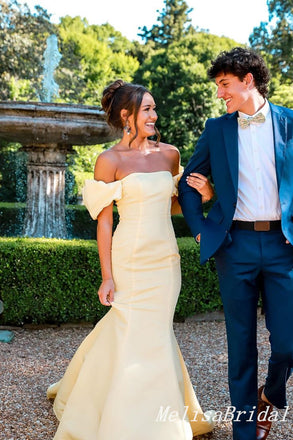 Sexy Off the Shoulder Light Yellow Mermaid Party Dress Long Prom Dresses to Impress ,MB986