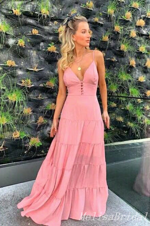 Pink A-line Plunging Evening Gown Long Evening Party Prom Dresses ,MB878