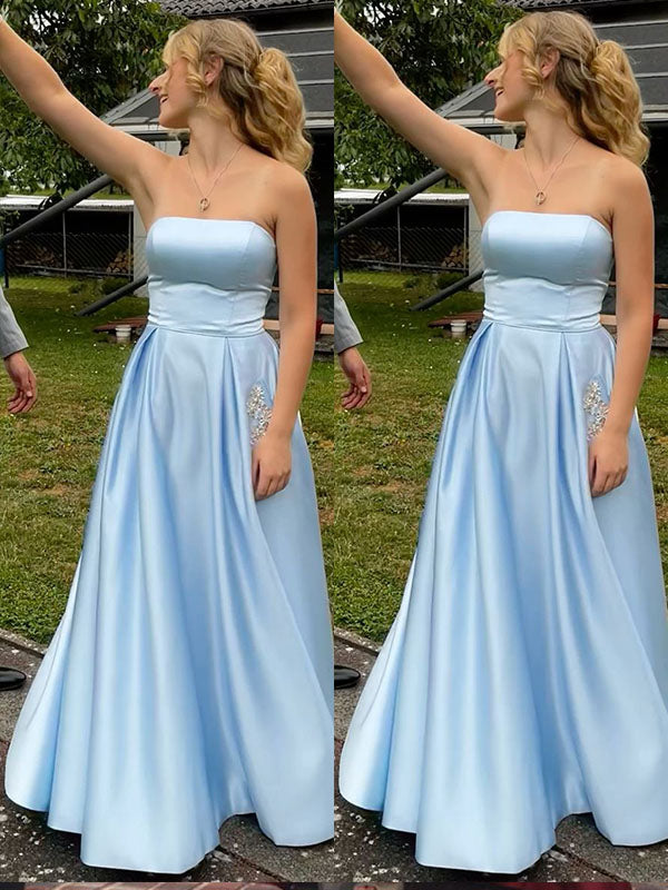 Gorgeous Blue Strapless A-line Beaded Long Party Dress Prom Dresses with Pockets,MB1076