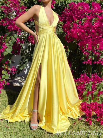 Yellow Plunging Criss Cross A-Line Evening Gown Maxi Long Evening Party Prom Dresses With Side Slit,MB690