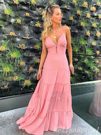 Pink A-line Plunging Evening Gown Long Evening Party Prom Dresses ,MB878