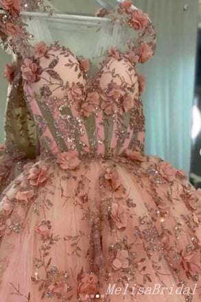 Pink Beaded Sweetheart Flower Ball Gown Evening Gown Long Evening Party Prom Dresses ,MB879