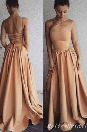 Spaghetti Straps A-Line Lace Up Back Evening Gown Maxi Long Evening Party Prom Dresses With Side Slit,MB691