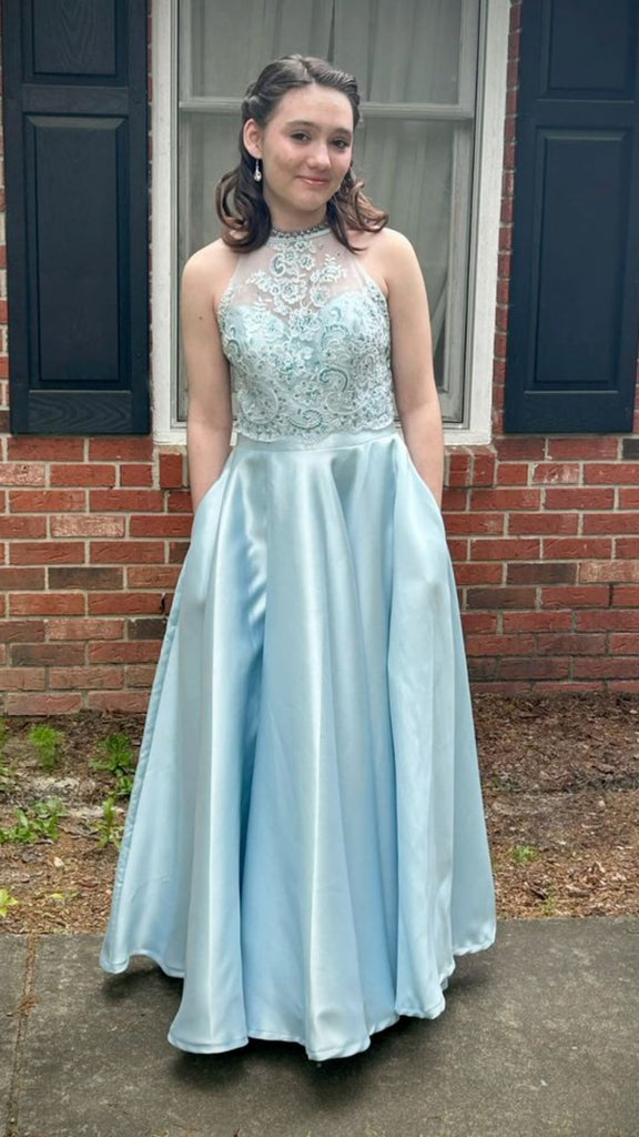 Stunning Light Blue Jewel Lace Appliques A-line Long Party Dress Prom Dresses with Pockets,MB1077