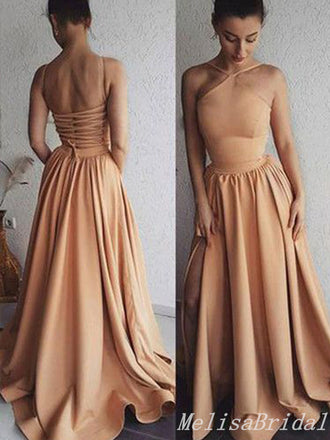Spaghetti Straps A-Line Lace Up Back Evening Gown Maxi Long Evening Party Prom Dresses With Side Slit,MB691
