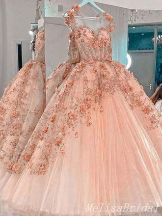 Pink Beaded Sweetheart Flower Ball Gown Evening Gown Long Evening Party Prom Dresses ,MB879