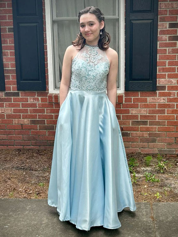 Stunning Light Blue Jewel Lace Appliques A-line Long Party Dress Prom Dresses with Pockets,MB1077