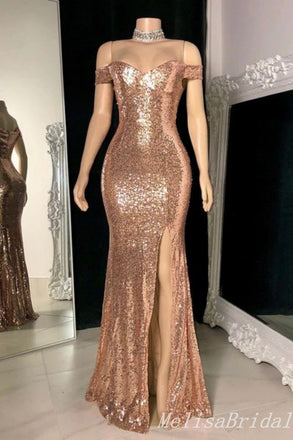 Sparkle Off Shoulder Mermaid Evening Gown Maxi Long Evening Party Prom Dresses With Side Slit,MB692
