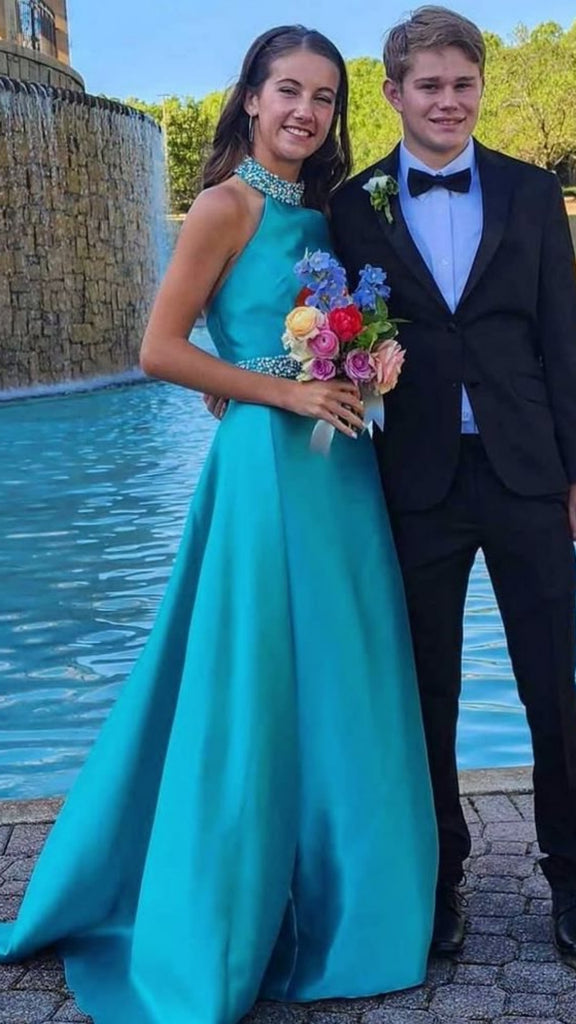 Elegant Blue Halter Beaded A-line Long Party Dress Prom Dresses,MB1078