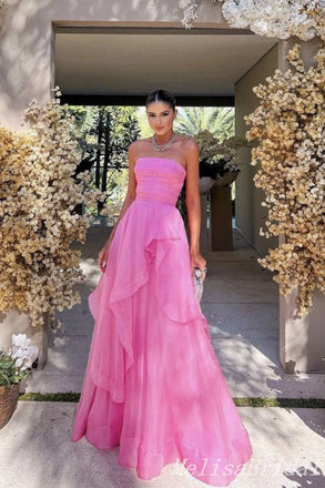 Pink Strapless A-line Evening Gown Long Evening Party Prom Dresses ,MB880