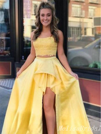 Unique Yellow A-line Lace High Slit Two Pieces Long Evening Gown Prom Dresses,MB187
