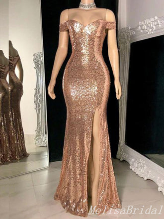 Sparkle Off Shoulder Mermaid Evening Gown Maxi Long Evening Party Prom Dresses With Side Slit,MB692