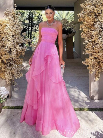 Pink Strapless A-line Evening Gown Long Evening Party Prom Dresses ,MB880