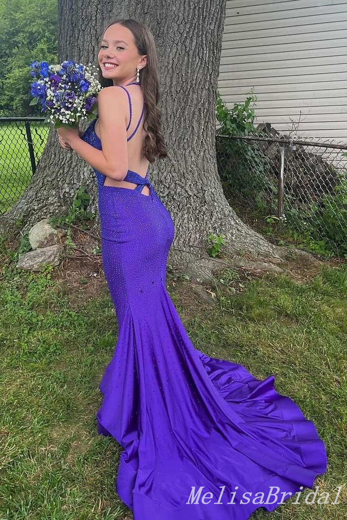 Gorgeous V Neck Criss Cross Mermaid Party Dress Long Prom Dresses to Impress with Trailing,MB1015