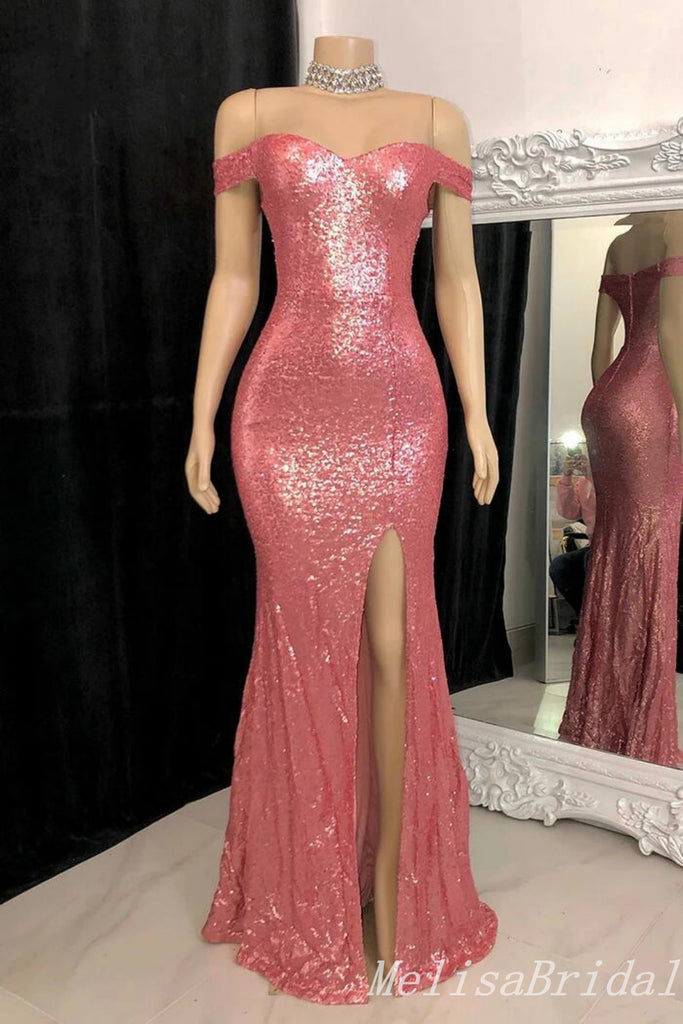 Sparkle Off Shoulder Mermaid Evening Gown Maxi Long Evening Party Prom Dresses With Side Slit ,MB693