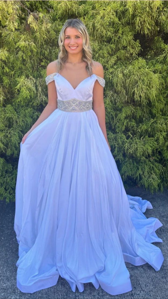 Elegant Lilac Off Shoulder Sweetheart Beaded A-line Long Party Dress Prom Dresses ,MB1079