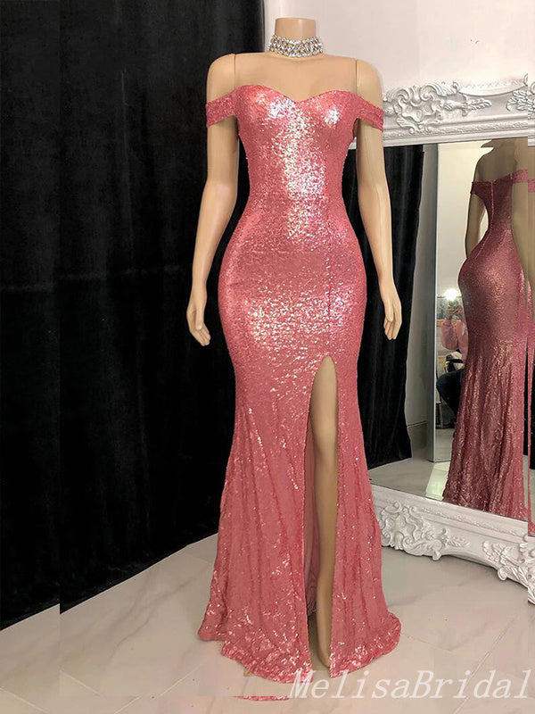Sparkle Off Shoulder Mermaid Evening Gown Maxi Long Evening Party Prom Dresses With Side Slit ,MB693