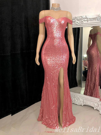 Sparkle Off Shoulder Mermaid Evening Gown Maxi Long Evening Party Prom Dresses With Side Slit ,MB693