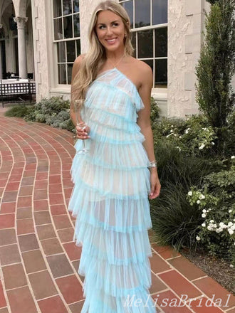 Light Blue Halter Open Back Sheath Tiered Evening Gown Long Evening Party Prom Dresses ,MB881
