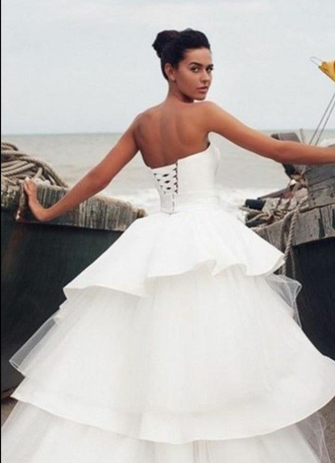 Elegant White Sleeveless Strapless Tulle Sweetheart Side Slit A-Line Long Wedding Dresses ,WD68