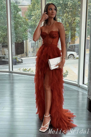 Burnt-orange Strapless Sweetheart Tiered Evening Gown Long Evening Party Prom Dresses with Slit,MB882
