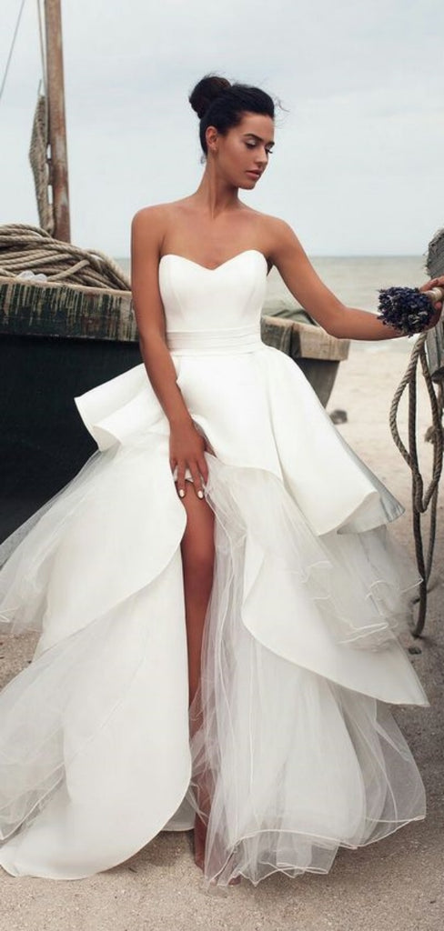 Elegant White Sleeveless Strapless Tulle Sweetheart Side Slit A-Line Long Wedding Dresses ,WD68