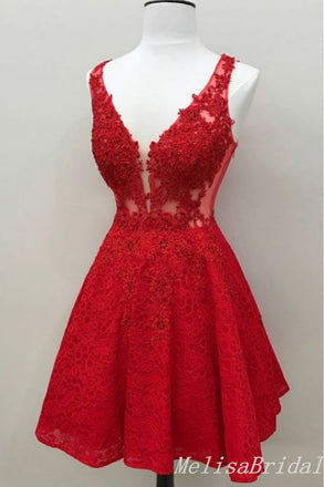 Red Lace Appliques Plunging A-Line Graduation Party Short Homecoming Dresses, HD454