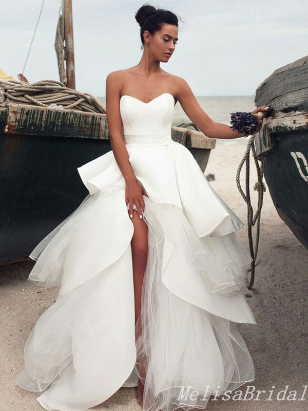 Elegant White Sleeveless Strapless Tulle Sweetheart Side Slit A-Line Long Wedding Dresses ,WD68