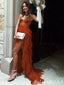 Burnt-orange Strapless Sweetheart Tiered Evening Gown Long Evening Party Prom Dresses with Slit,MB882