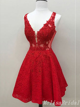 Red Lace Appliques Plunging A-Line Graduation Party Short Homecoming Dresses, HD454