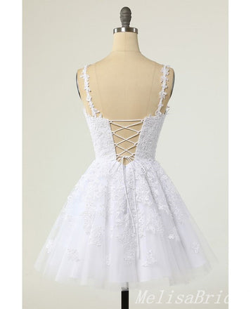 White Appliques V Neck A-Line Graduation Party Short Homecoming Dresses, HD455