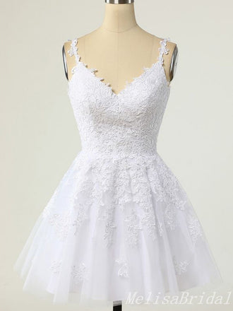 White Appliques V Neck A-Line Graduation Party Short Homecoming Dresses, HD455