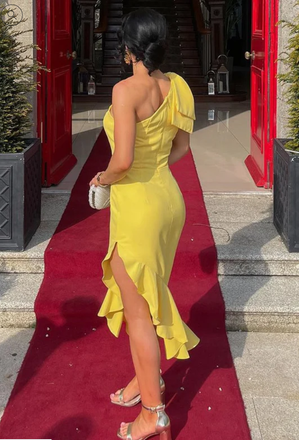 Elegant Yellow Sheath One Shoulder Long Evening Gown Prom Dresses with Ruffles,MB188