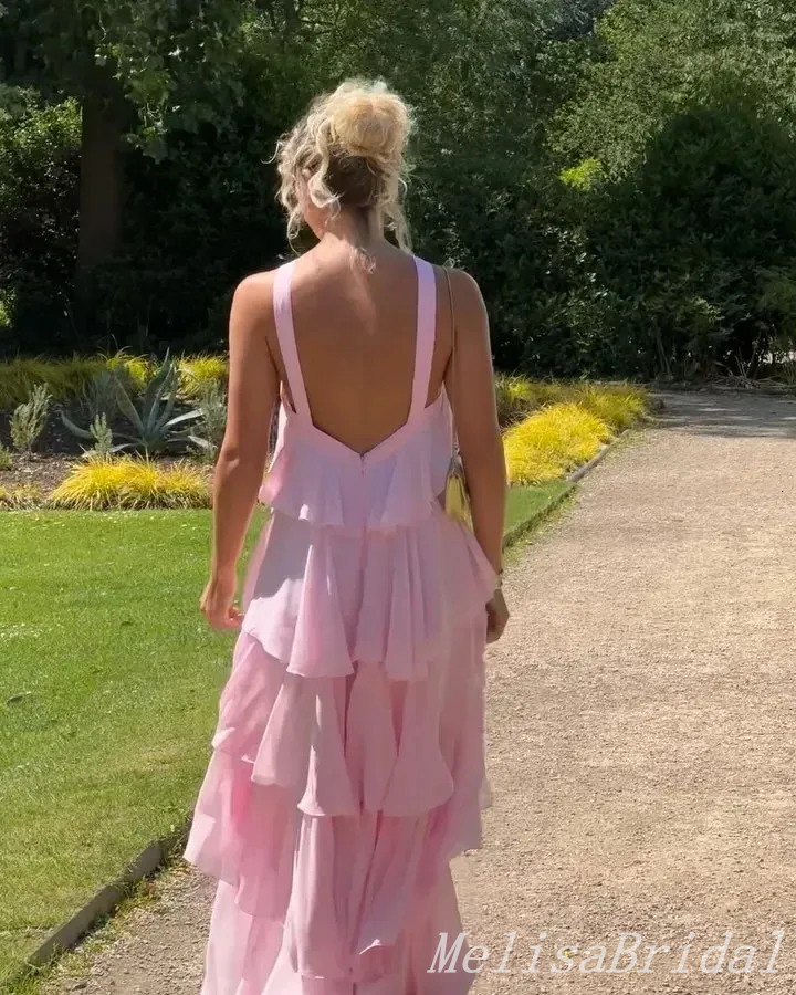 Elegant Light Pink Open Back Tiered Sheath Party Dress Long Prom Dresses to Impress with Trailing,MB1017