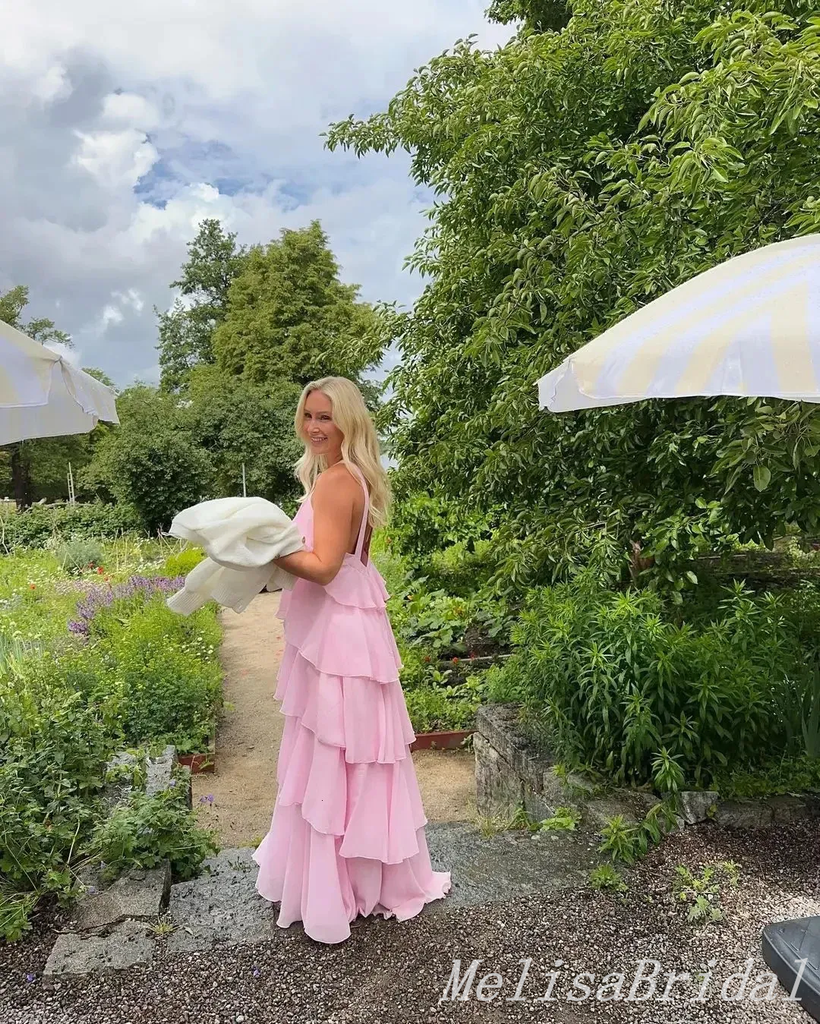 Elegant Light Pink Open Back Tiered Sheath Party Dress Long Prom Dresses to Impress with Trailing,MB1017