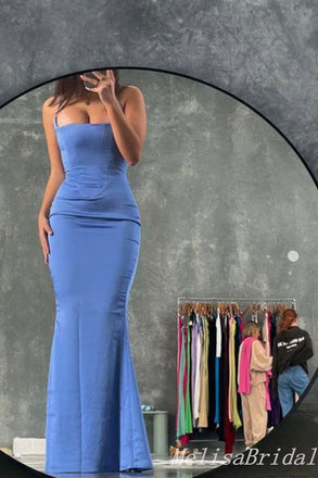 Blue Spaghetti Straps Mermaid Evening Gown Maxi Long Evening Party Prom Dresses ,MB694