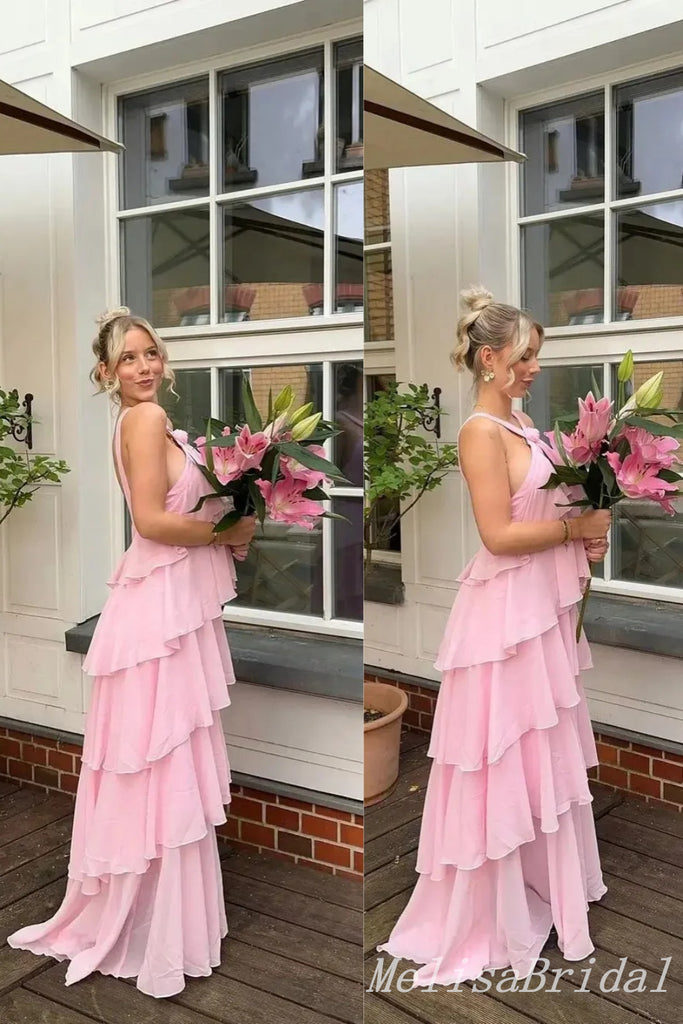 Elegant Light Pink Open Back Tiered Sheath Party Dress Long Prom Dresses to Impress with Trailing,MB1017