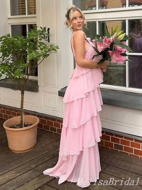 Elegant Light Pink Open Back Tiered Sheath Party Dress Long Prom Dresses to Impress with Trailing,MB1017