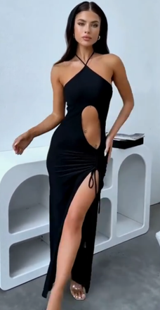 Sexy Black Mermaid Halter Cutout High Slit Long Evening Gown Prom Dresses ,MB189
