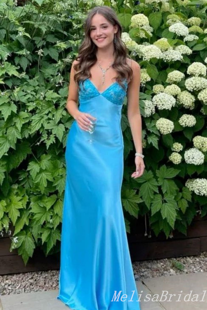 Blue Spaghetti Straps Appliques Sheath V Neck Evening Gown Maxi Long Evening Party Prom Dresses ,MB695