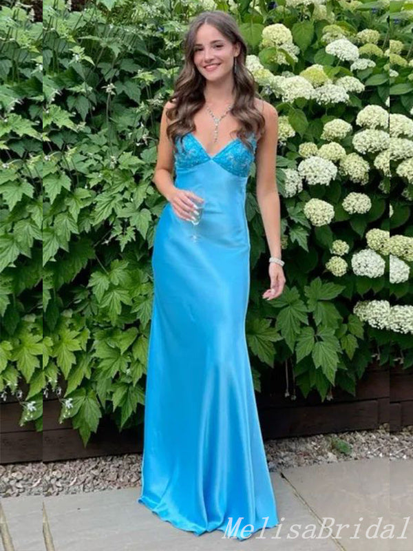 Blue Spaghetti Straps Appliques Sheath V Neck Evening Gown Maxi Long Evening Party Prom Dresses ,MB695