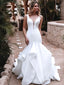 Elegant White V Neck Ruffle Spaghetti Straps Mermaid Long Wedding Dresses,WD46