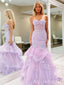 Sexy Strapless Tiered Tulle Lace Appliques Evening Gown Long Prom Dresses,MB218