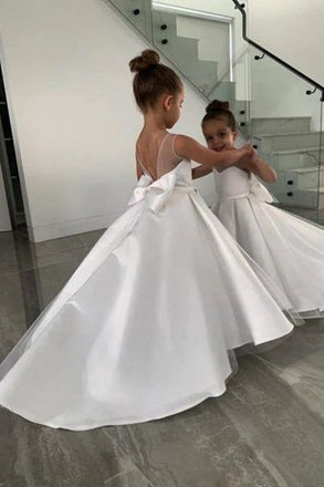 Elegant White Tulle Satin A- Line Cheap Simple Long Flower Girl Dresses ,FG34