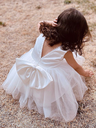 Cute White Square A- Line Beading Tulle Simple Cheap Flower Girl Dresses ,FG20