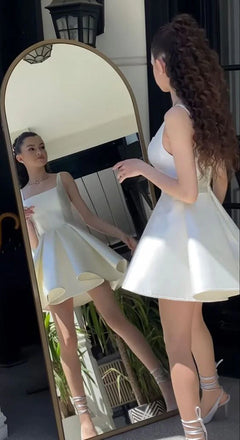 Elegant White Ruffle Spaghetti Straps Short Homecoming Dresses, HD19