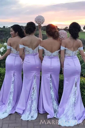 Elegant Light Purple Lace Appliques Off Shoulder Mermaid Simple Bridesmaid Dresses ,BD87